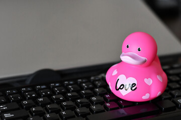 Patito de goma rosado sobre el teclado del ordenador en la oficina. Espacio para texto al lado...