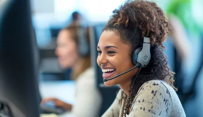 Foto op Plexiglas Portrait, call center and consulting with headphones for customer service, help or telemarketing. Happy, confident and consultant agent talking with headset for support, sales or online advice © MalamboBot/Peopleimages - AI