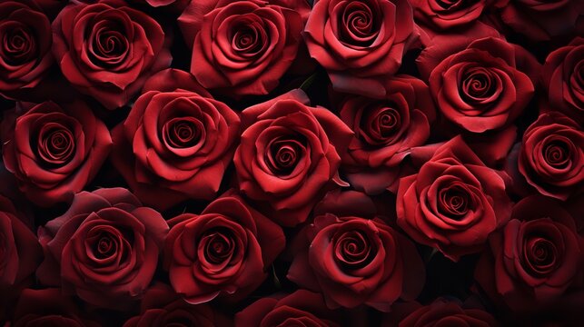Wall texture wallpaper with a top view of red rose flowers, Valentine's day, bunch of, Generative AI.