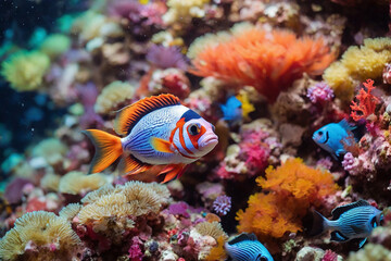 Tropical fish and corals underwater in the Red Sea.