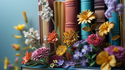 A quilled paper library, books blooming with flower spines