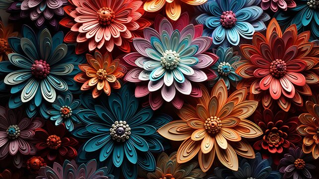 Wallpaper made of 3D paper with vibrant quilling flowers, Generative AI.