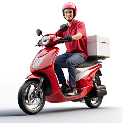 Young courier, delivery man wearing casual dress with thermo box backpack on red motor scooter...