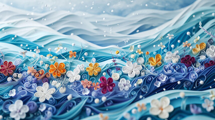 A quilled paper snowscape, with flowers instead of snowflakes