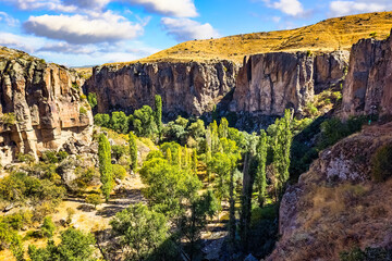 Ihlara valley in Cappadocia, Turkey. Ihlara Valley is a canyon in the Cappadocia region of Turkey, located in the municipality of Guzelyurt, Aksaray Province