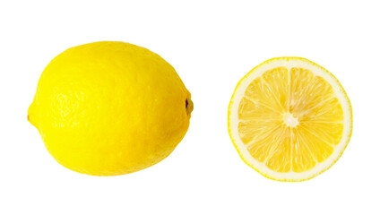 Top view of fresh yellow lemon fruit with half in set isolated on white background with clipping path in png file format