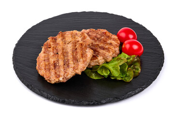 Fried pork burger cutlets, isolated on white background.