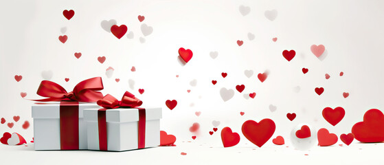 White Gift box with red ribbon and festive red hearts on white background for Valentine's day banner, copy space