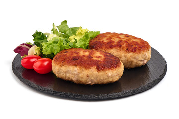 Homemade fried pork cutlets in breadcrumbs, meatballs from minced meat, isolated on white...