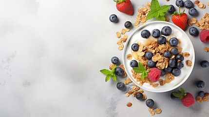 Yogurt bowl for breakfast featuring granola, berries, and fruits against a gray backdrop, space, Generative AI.