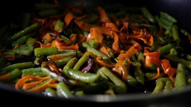 Vegetables fried in a frying pan close-up