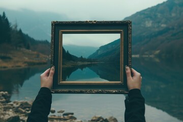 A person is seen holding a picture while standing in front of a serene lake. This image can be used to represent memories, travel, nostalgia, or storytelling