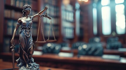 Lady Justice statue with a sword, symbolizing fairness and law enforcement. Suitable for legal and justice-related concepts - obrazy, fototapety, plakaty