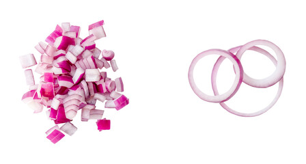Top view of fresh red or purple onion ring slices  in set is isolated with clipping path in png...