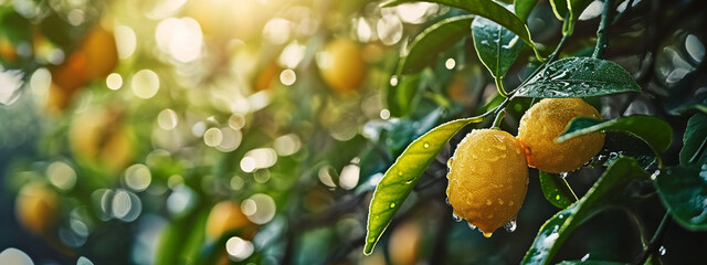 Close up of Lemons hanging from a tree in a lemon grove .Generative AI, - obrazy, fototapety, plakaty
