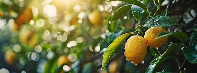 Foto op Plexiglas Close up of Lemons hanging from a tree in a lemon grove .Generative AI, © Milena