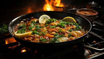 Grilled seafood meal, cooked outdoors on a barbecue grill generated by AI