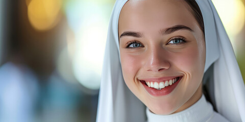 Serene Joy of Devotion. Young pretty nun in white headscarf smiling, portrait with copy space. - obrazy, fototapety, plakaty