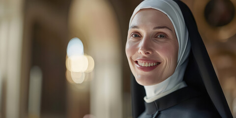 Serene Joy of Devotion. Young pretty nun in black clothes smiling, portrait with copy space. - obrazy, fototapety, plakaty
