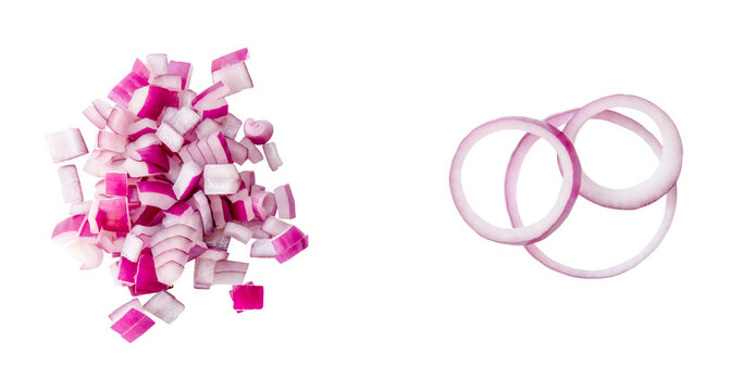 Top view of fresh red or purple onion ring slices  in set is isolated with clipping path in png file format