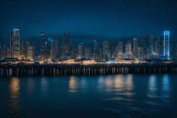 A panoramic view of a coastal cityscape as seen from the ocean, with twinkling lights and a tranquil sea.