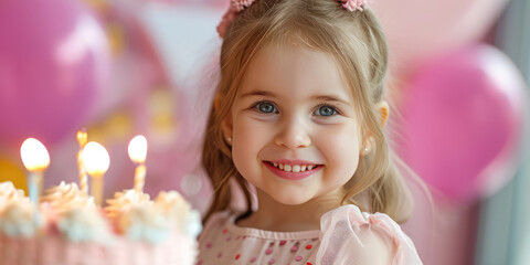 Obraz na płótnie Canvas Young happy smiling blonde child girl at birthday party, cake and balloons. Joyful Birthday Celebration. Organization of children's parties.