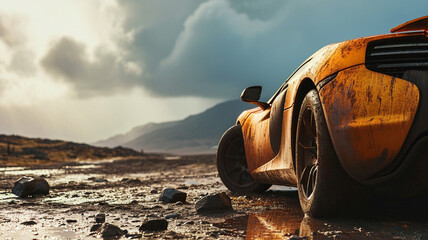 A rust orange supercar with a rugged look parked in a wild, rocky terrain under a stormy sky