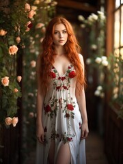 Young red-haired woman in a room decorated with flowers