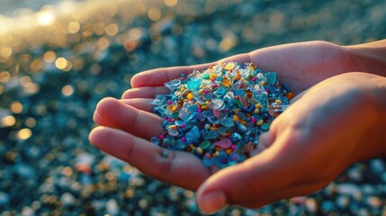 microplastics lay on people hand. Concept of water pollution and global warming. Climate change idea.