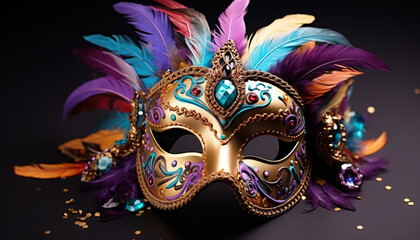 Mardi Gras celebration, costume, mask, mystery, gold, party generated by AI