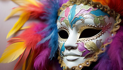 Feathered mask brings elegance to Veneto traditional carnival generated by AI