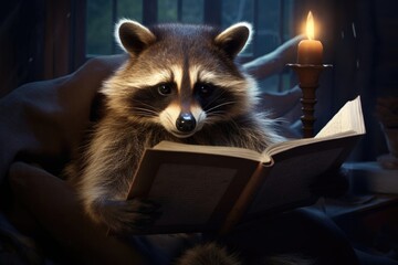 Raccoon sitting on an armchair and reading a book,candle burning,candlelight night,pensive look