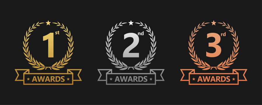 Award golden, silver, and bronze laurel wreaths with ribbons of First, second, and third winners. Vector set