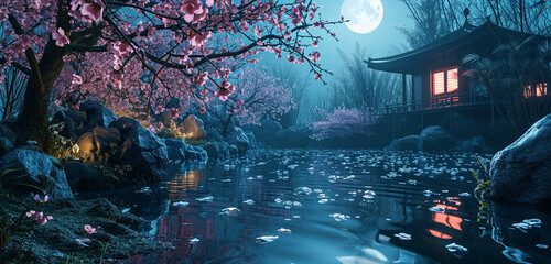 A serene Zen garden on a moonlit night with a reflecting pond and cherry blossoms,