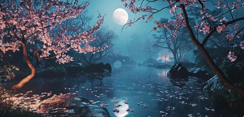 Abwaschbare Fototapete Reflection A serene Zen garden on a moonlit night with a reflecting pond and cherry blossoms,