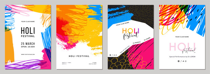 Holi festival. Universal grunge art templates in bold colors. Suitable for poster, greeting and business card, invitation, flyer, banner, brochure, email header, post in social networks, advertising. - obrazy, fototapety, plakaty