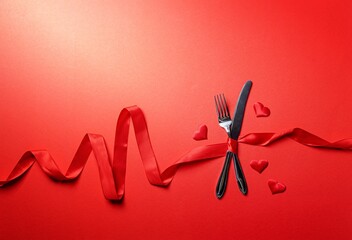 Fork and knife tied with a red ribbon in a shape of heart rate on red background