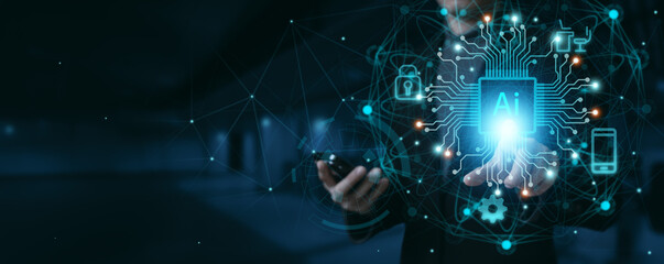 Fototapeta premium businessman using Ai technology in business by artificial intelligence, smart robot AI, Futuristic technology transformation, using AI technology for developing running business on cloud computing