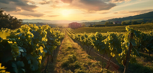 A sprawling vineyard at sunset, with rows of grapevines and a rustic farmhouse,
