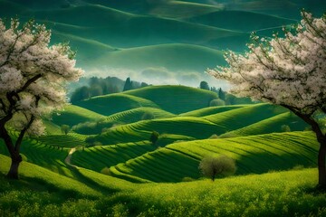 Rolling emerald hills dotted with blossoming fruit orchards, where the sweet fragrance of blooming...