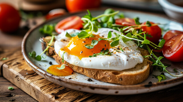 breakfast with poached egg toast . selective focus. Generative AI,