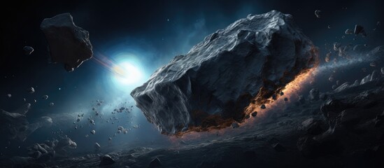 Deep space asteroid or meteorite depicted in science fiction art, with a high-resolution surface...