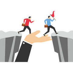 Leaders help employees overcome obstacles, Vector illustration in flat style

