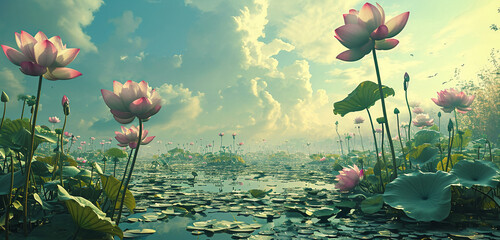A surreal landscape with giant, floating lotus flowers in the sky,