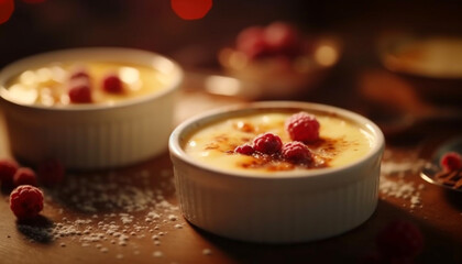 Raspberry dessert, fresh fruit mousse, homemade creme brulee, indulgent chocolate snack generated by AI