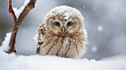 Little cute owl on the snow