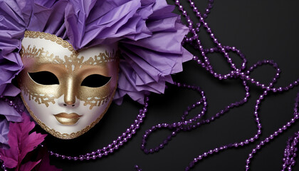 Purple costume, mask, elegance, mystery, feather, women, masquerade generated by AI