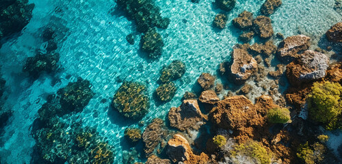 Naklejka na ściany i meble A sweeping aerial view of a coral reef with clear turquoise waters and abundant marine life,
