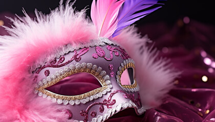Feathered mask, costume, elegance, and mystery at Mardi Gras generated by AI