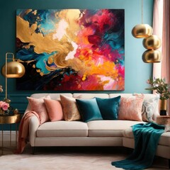  Abstract painting digital art illustration in vibrant colors, wall art mockup, wallpaper, background design, art print